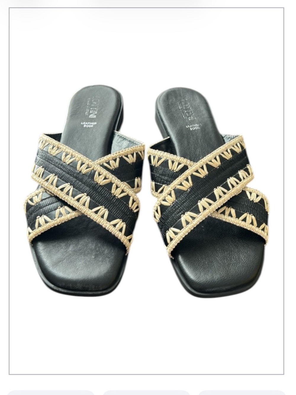 Lottini Made in Italy Leather Black Beige CrissCross Rafia Trim Leather Sandals